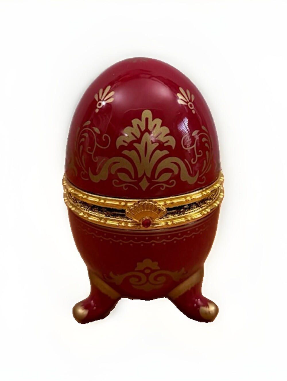 Vintage Collectible Ceramic  Egg Shaped Maroon Trinket Box Clock 1980s 4”